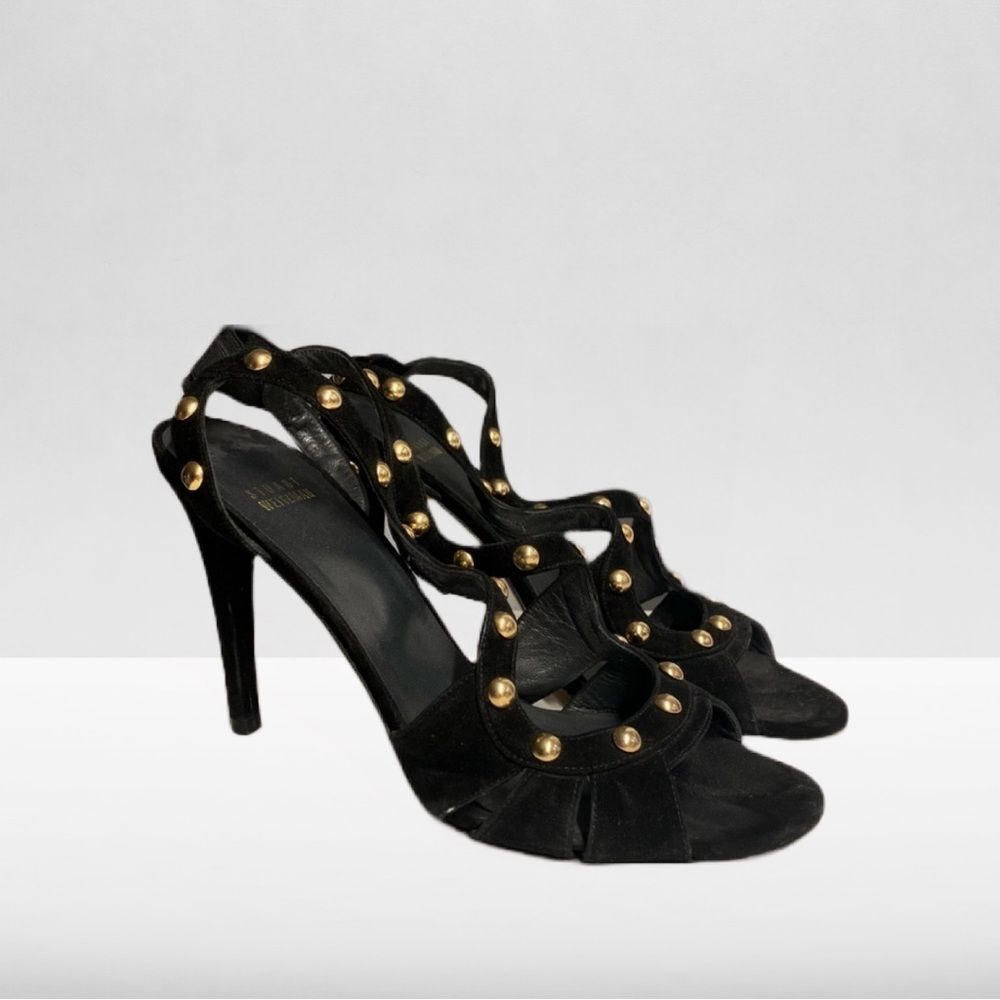 Stuart Weitzman Ratatat Black Suede Grecian Heeled Sandals with Gold Studs